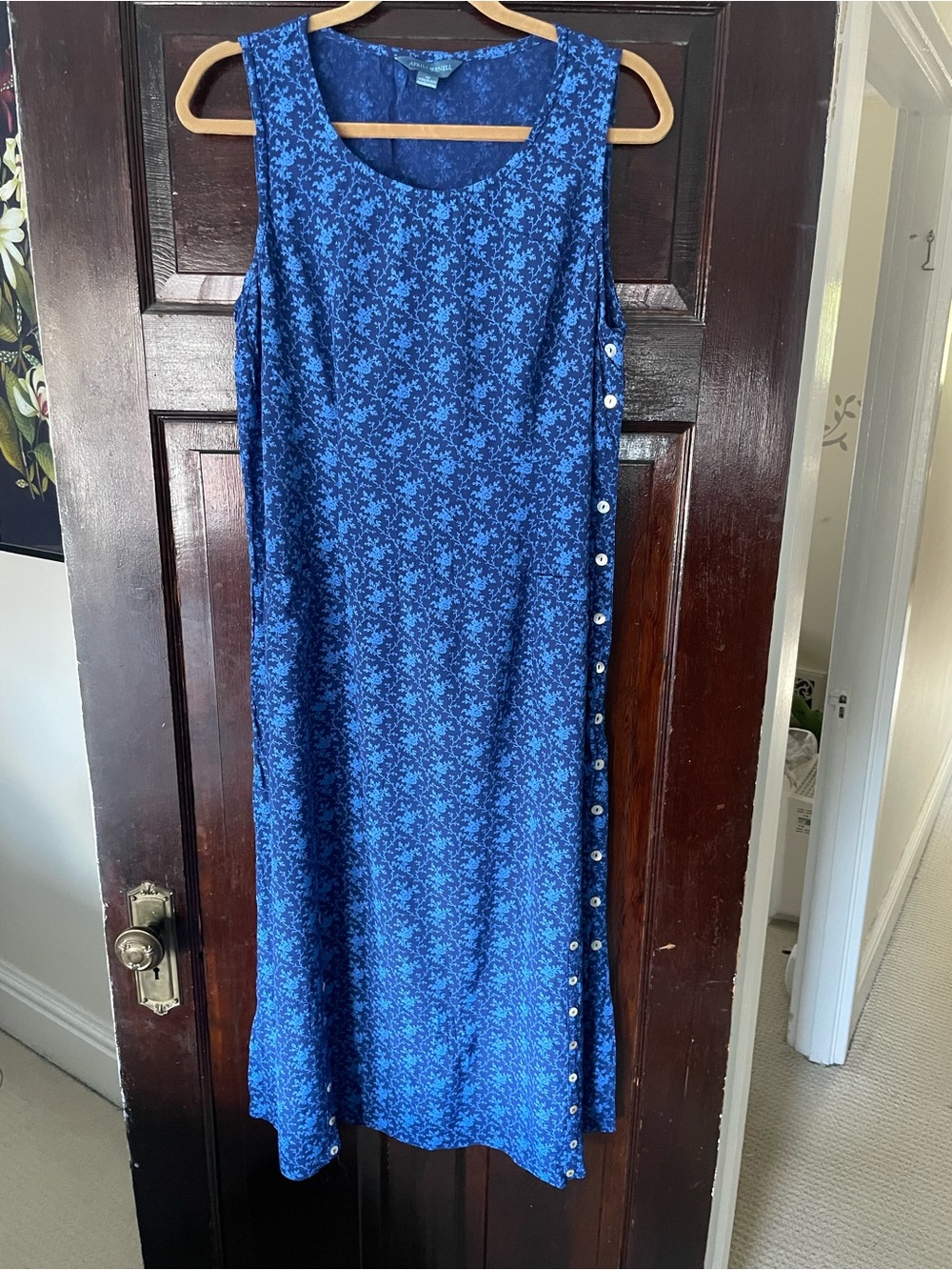 April Cornell Blue Floral Midi Dress with Side Button Trim